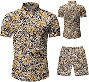 Men's 2 Piece Tracksuit Shirt Flower Casual Button Down Short Sleeve Shirts and Pants Suit (Color: 6, size: L)