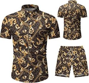 Men's 2 Piece Tracksuit Shirt Flower Casual Button Down Short Sleeve Shirts and Pants Suit (Color: 7, size: 3XL)