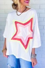 White Colorblock Star Patched Half Sleeve Oversized Tee (Color: White, size: L)