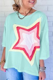 White Colorblock Star Patched Half Sleeve Oversized Tee (Color: Blue, size: M)